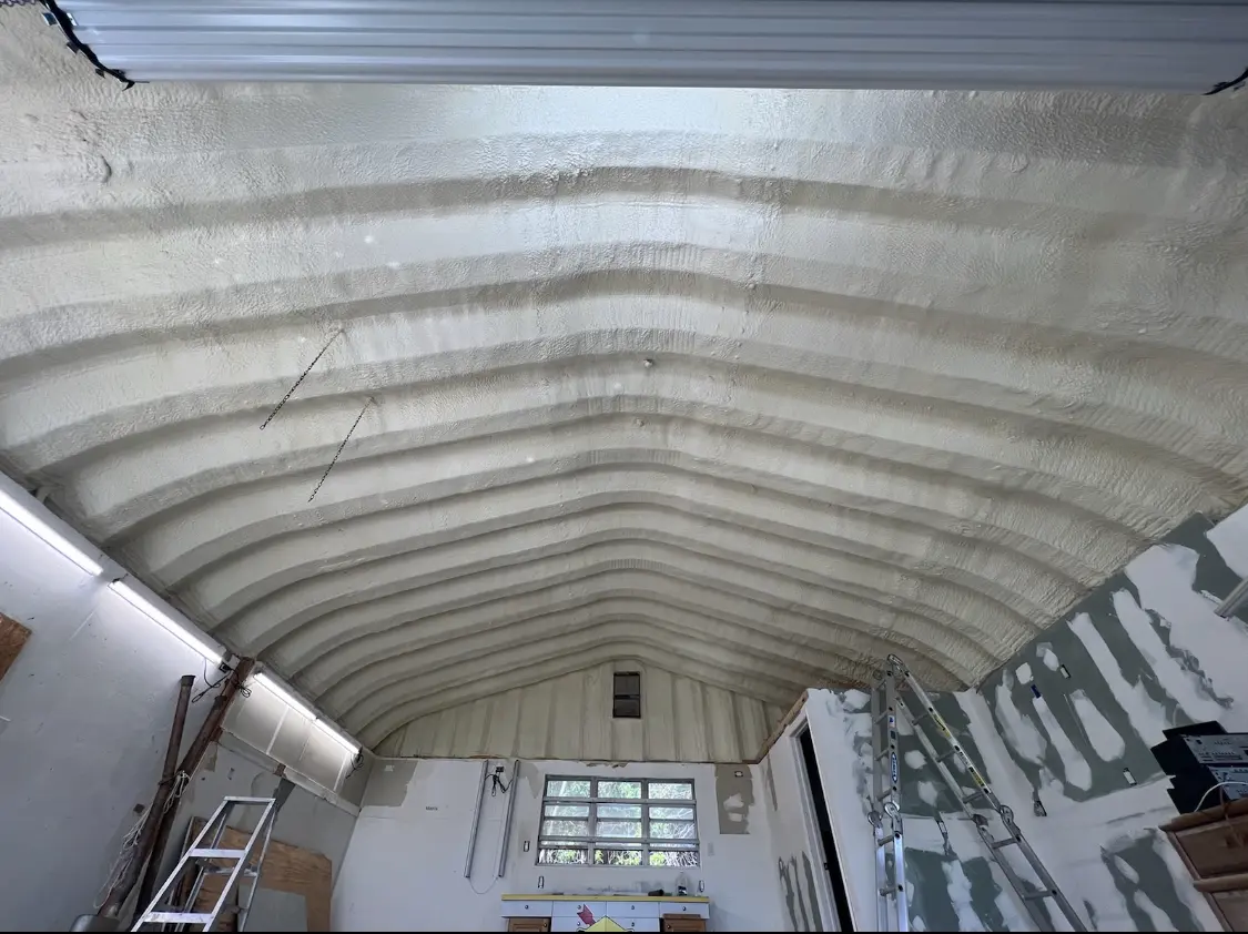 Spray polyurethane foam applied to the underside of a metal roof deck in Mammoth Lakes